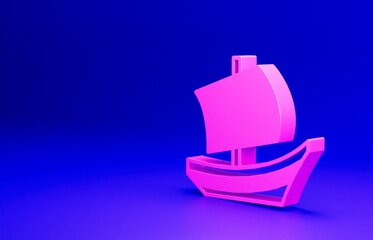 Pink Egyptian ship icon isolated on blue background. Egyptian papyrus boat. Minimalism concept. 3D render illustration