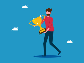 man holding a trophy. The concept of success or life reward. vector illustration