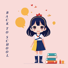 Cute little girl with book and speech bubble. Vector illustration. Back to School