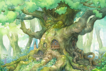 Fototapeta na wymiar fairy tree in the forest watercolor
