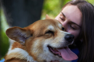 Owner kissing young Pembroke Welsh Corgi doggy. Young woman playing with adorable brown corgi dog in a park