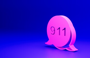Pink Telephone with emergency call 911 icon isolated on blue background. Police, ambulance, fire department, call, phone. Minimalism concept. 3D render illustration