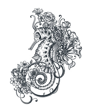 recommend clip art: Vector hand drawn black and white illustration of beautiful ornate sea horse and flowers