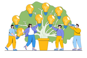 Business meetings and brainstorming concept for teamwork, search for new solutions, tree with bulbs and ideas. Outline design minimal vector illustration for landing page, web banner, infographics