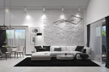 Open plan living room arranging, matching with kitchen, 3D render - 598951558