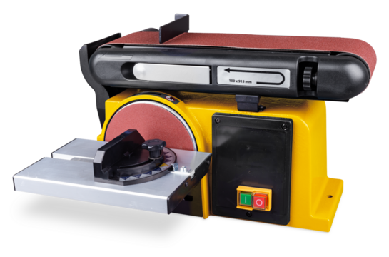 yellow stationary disc and belt electric power sander machine isolated white background. industry construction diy and hobby equipment concept