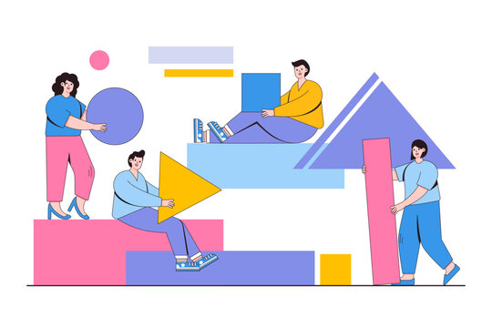 A team of people assemble an abstract geometric puzzle shapes with people character. Outline design style minimal vector illustration for landing page, web banner, infographics, hero images
