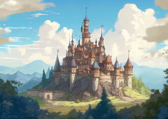 青空と城のファンタジーアニメ背景 ,Generative AI