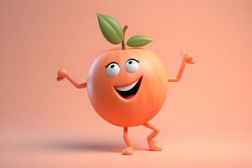 Cheerful cartoon peach character with cute smile. Sweet peach fruit, happy funny food personage. Healthy food concept. 