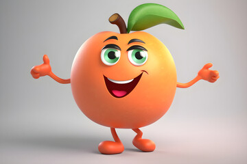 Cheerful cartoon peach character with cute smile. Sweet peach fruit, happy funny food personage. Healthy food concept. Generative AI.