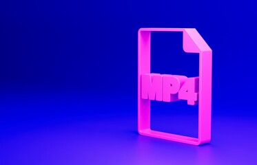 Pink MP4 file document. Download mp4 button icon isolated on blue background. MP4 file symbol. Minimalism concept. 3D render illustration