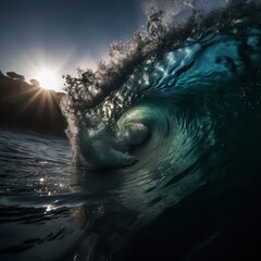 Perfect breaking wave with sun shining in background