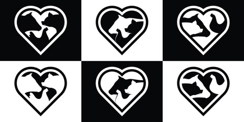 farm logo design set, heart and farm animals design icon vector illustration