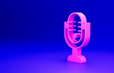 Pink Microphone icon isolated on blue background. On air radio mic microphone. Speaker sign. Minimalism concept. 3D render illustration