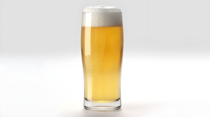 a glass of foamy frothy beer mock up clean studio shot isolated on white.