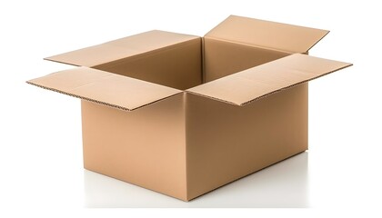 Open corrugated cardboard box, stored boxes, carton material isolated on white background studio shot.