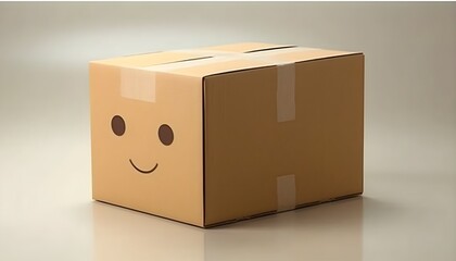 Close corrugated cardboard box with smile on the side, stored boxes, carton material isolated on white background studio shot.