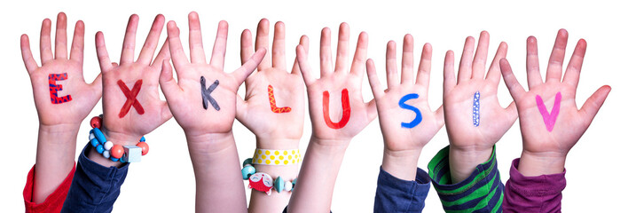 Children Hands Building Word Exklusiv means Exclusive, Isolated Background