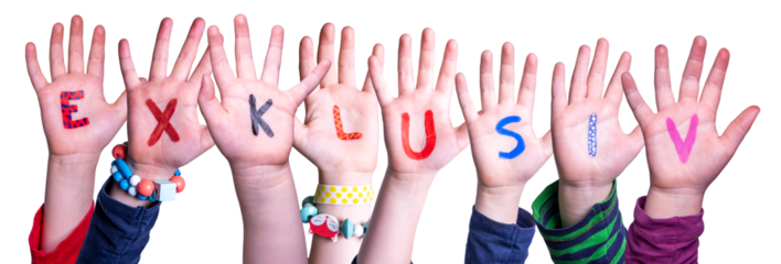 Children Hands Building Word Exklusiv means Exclusive, Isolated Background