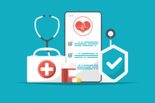 Check up health insurance online, Smartphone with medical bag, stethoscope, drug on isolated background, Digital marketing illustration.