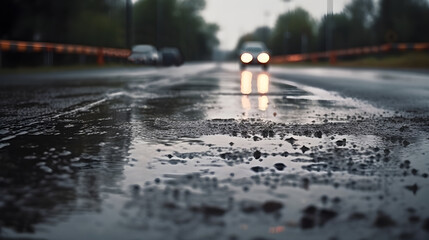 Wet at the middle of the road surface from the rain blurry bokeh background. - Powered by Adobe
