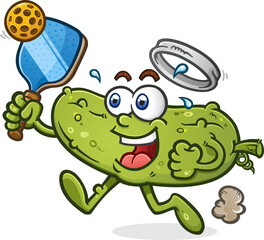 Pickleball cartoon pickle character running to take a shot with his paddle and sweating through his sweatband