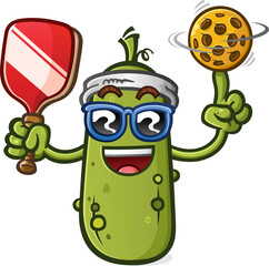 Pickle ball cartoon mascot wearing a sweatband and holding a paddle and ball with a big smile on his face ready for a match up and wearing sunglasses - 598952964