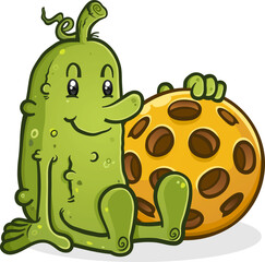 A cute happy pickleball pickle cartoon mascot sitting and holding an oversized yellow plastic pickleball