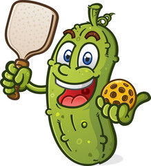 Pickleball cartoon pickle mascot holding a paddle and yellow ball with a big smile on his face - 598952976