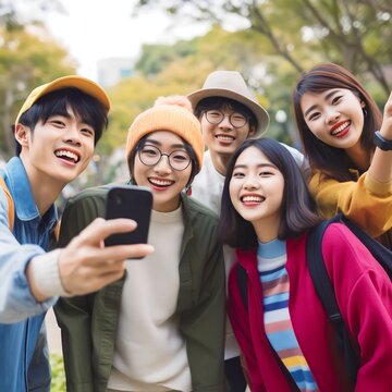 A group of Generation Z Asian friends having fun and taking selfies in the park, Generative AI