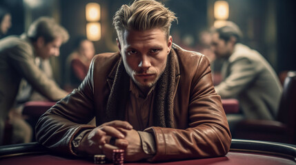 Fototapeta na wymiar A deadpan gambler sitting at a casino table - ai generative
