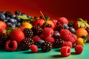 Colorful tasty mix of berry and fruits, strawberry, blueberry, raspberry and blackberry, healthy nutrition concept on red background, AI Generated
