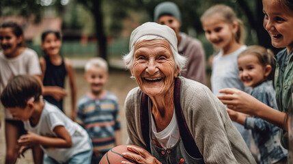 An elderly woman playing basketball with her grandkids, laughing and having fun - ai generative
