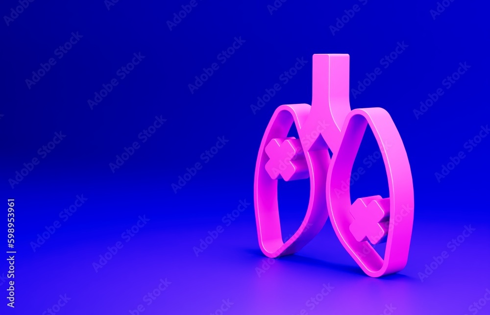 Wall mural pink disease lungs icon isolated on blue background. minimalism concept. 3d render illustration