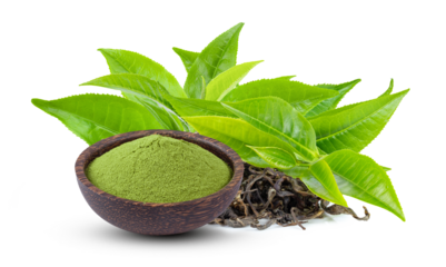 powder matcha green tea in bowl with leaf  isolated on transparent png