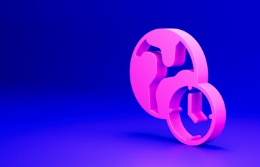 Pink World time icon isolated on blue background. Minimalism concept. 3D render illustration