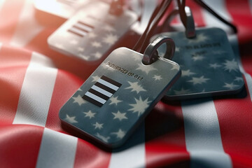 Usa army concept identification tags on america flag background. Generative ai