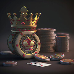 King Crown and Poker Chips on dark background. Casino gambling banner advertising an exclusive V.I.P. poker game tournament. Generative Ai - obrazy, fototapety, plakaty