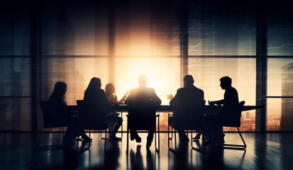 Naklejka na ściany i meble Several people at table gathered around conference table in style of silhouette lighting