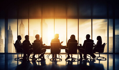 Fototapeta na wymiar Several people at table gathered around conference table in style of silhouette lighting