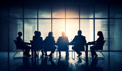 Fototapeta na wymiar Several people at table gathered around conference table in style of silhouette lighting