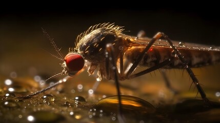 Close up macro shot mosquito aides aegypty in drinking some water. Generative AI technology.