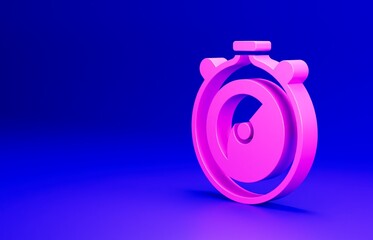 Pink Stopwatch icon isolated on blue background. Time timer sign. Chronometer sign. Minimalism concept. 3D render illustration