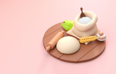 Dough with Kneader and Sugar Bag. 3D Illustration