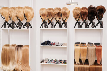 Showcase of natural looking wigs in different colors fixed on the metal wig holders in beauty...