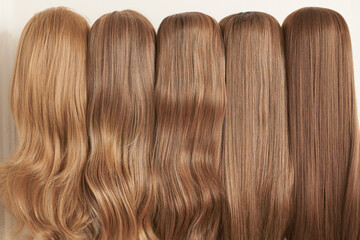 Showcase of natural looking wigs in different shades of blonde fixed on the wig holders in beauty...