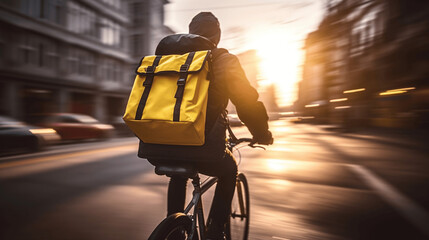 Food delivery man with a big bright yellow cubic backpack on a bicycle riding fast in a big city. Ai generative - obrazy, fototapety, plakaty