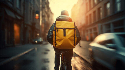 Food delivery man with a big bright yellow cubic backpack on a bicycle riding fast in a big city. Ai generative
