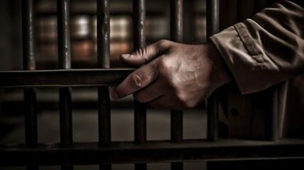 Locked Away: Hand Behind Prison Bars. Ai generative