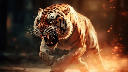 Agrresive tiger attacking with fire on background. Ai generative